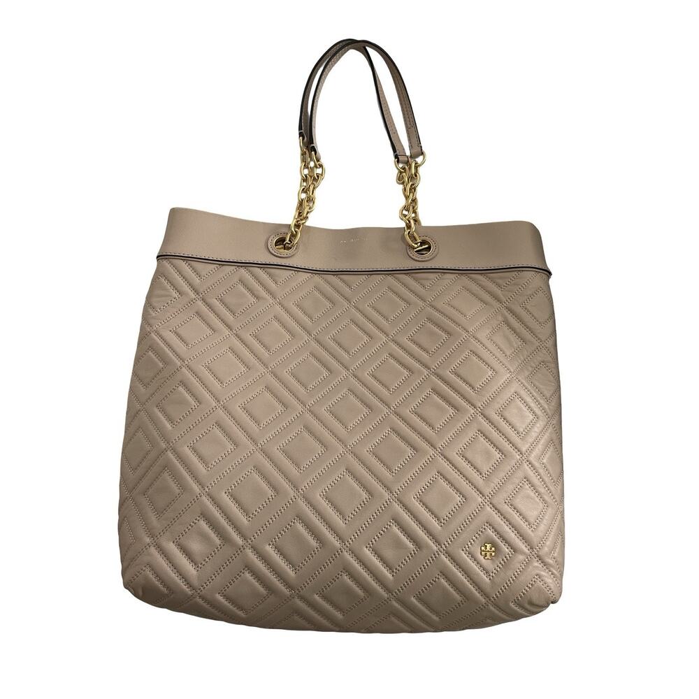 Tory Burch Fleming Quilted Large Soft Leather Tote Bag in Pale Pink Chain Straps
